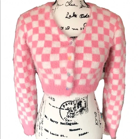 Plaid sweater pink white womens cardigan long heart buttons - Picture 3 of 12